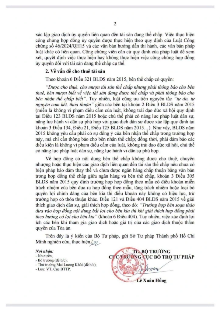 Công văn 4908/BTP-BTTP của Bộ Tư pháp về hướng dẫn nghiệp vụ đặt cọc, ủy quyền và cho thuê tài sản đang thế chấp